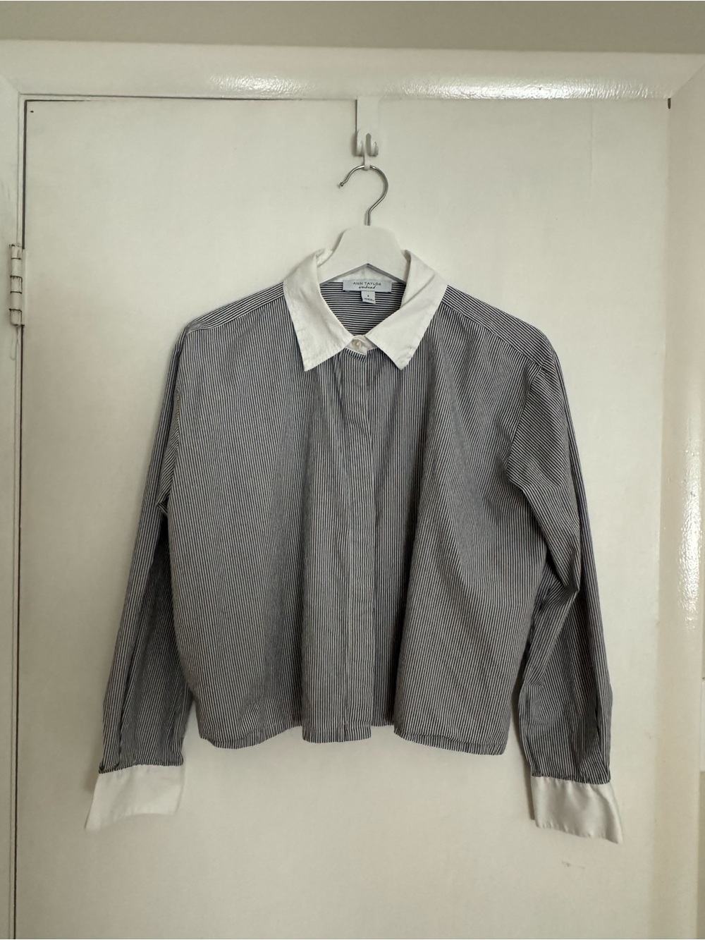 Ann Taylor Blue and White Pinstripe Button-Down Shirt